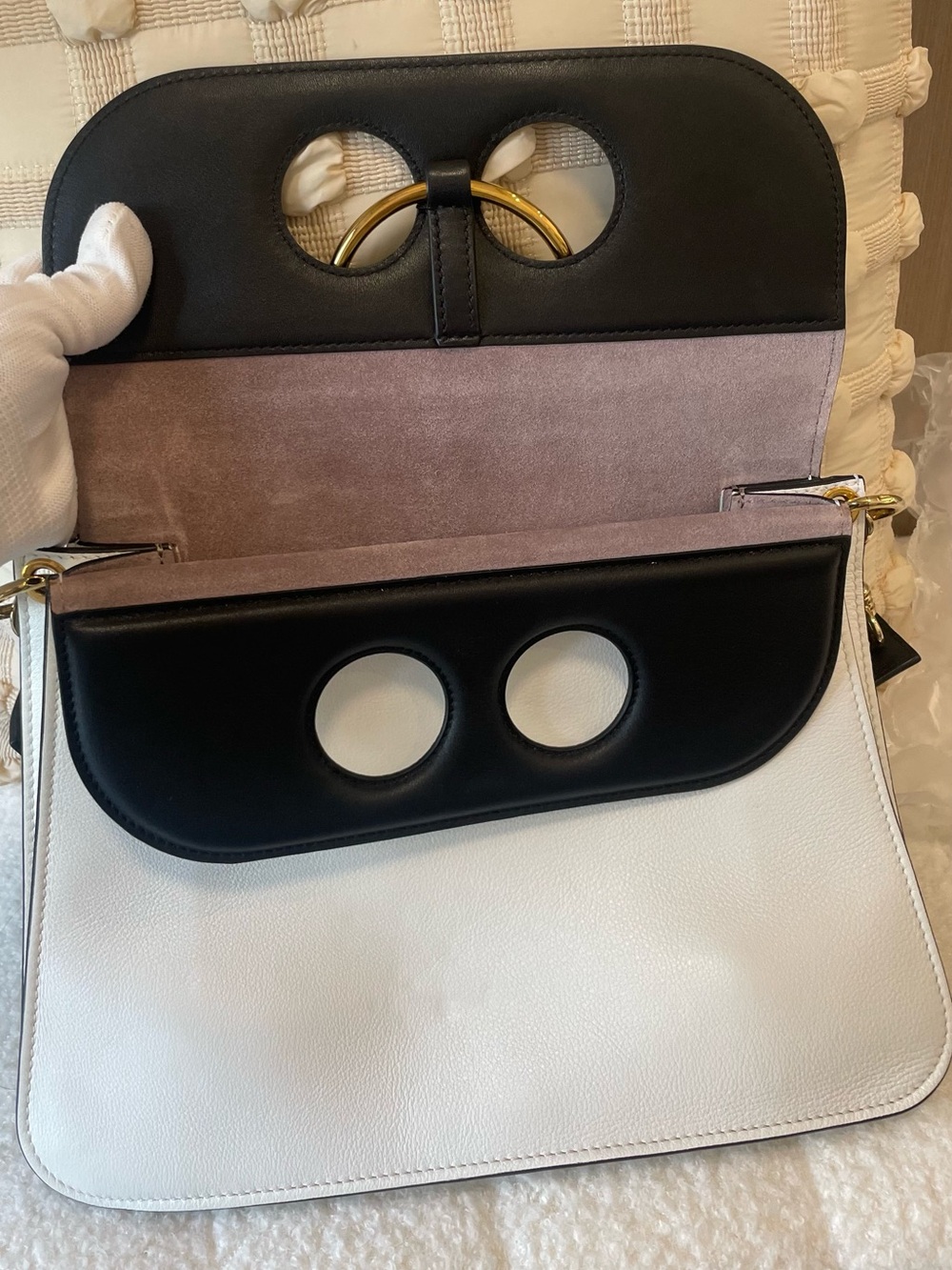 JW ANDERSON Authentic Pierce Black and White Leather Shoulder Bag with Gold Ring - Picture 9 of 13
